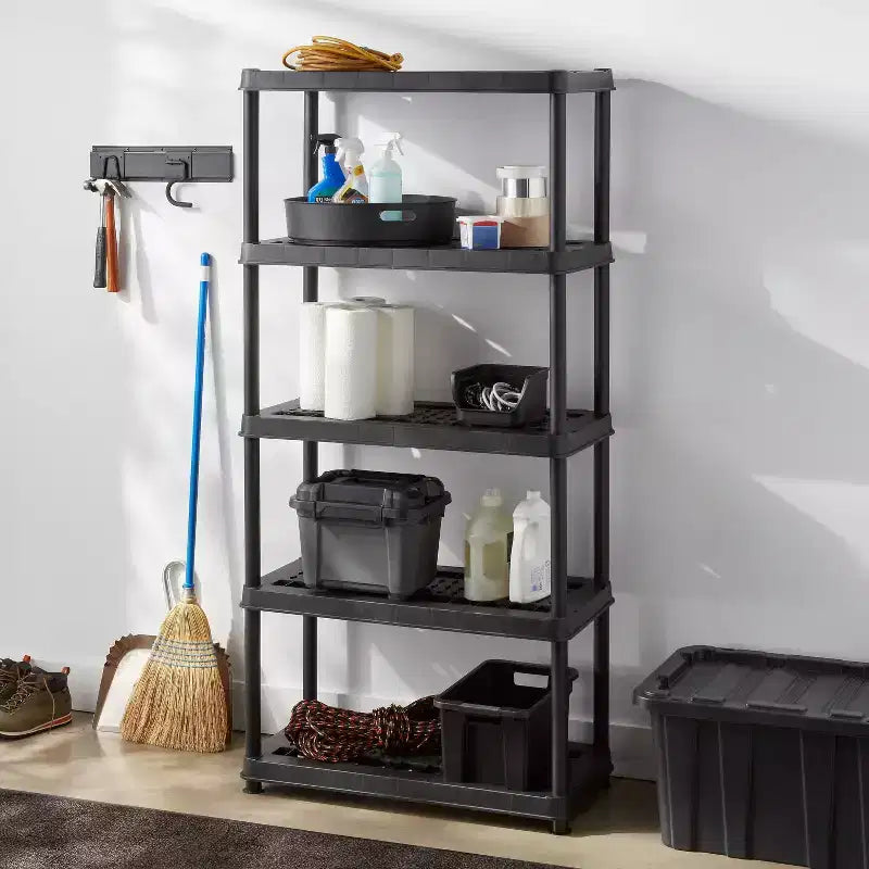 5 Tier Plastic Shelf Unit Black ;: Utility Storage Shelving, 5 Open Shelves, 150 lb Capacity, 73.5" Height