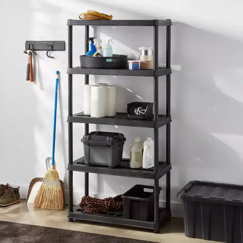 5 Tier Plastic Shelf Unit Black ;: Utility Storage Shelving, 5 Open Shelves, 150 lb Capacity, 73.5" Height
