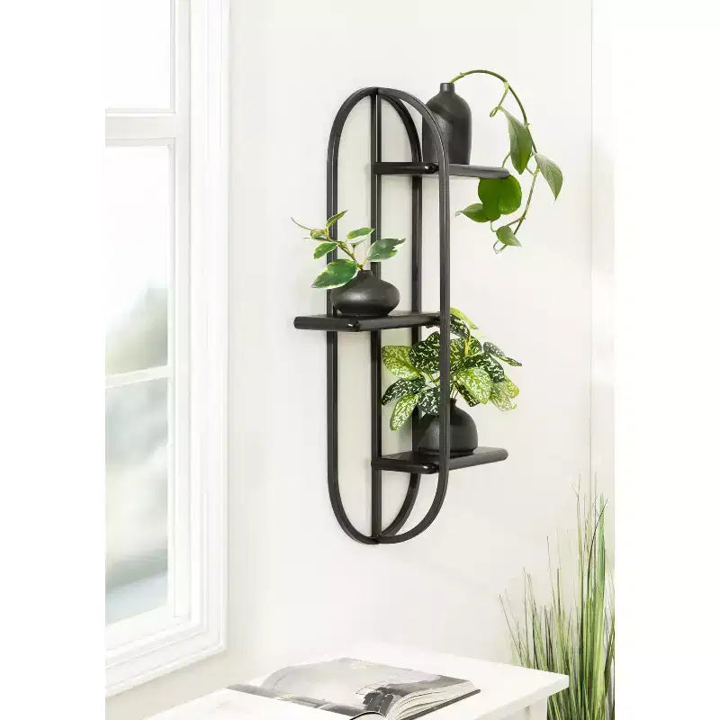 Black and White Decorative Shelf: Modern-style wall-mounted storage rack, three-tier design.