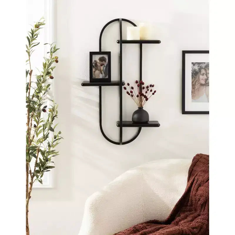 Black and White Decorative Shelf: Modern-style wall-mounted storage rack, three-tier design.