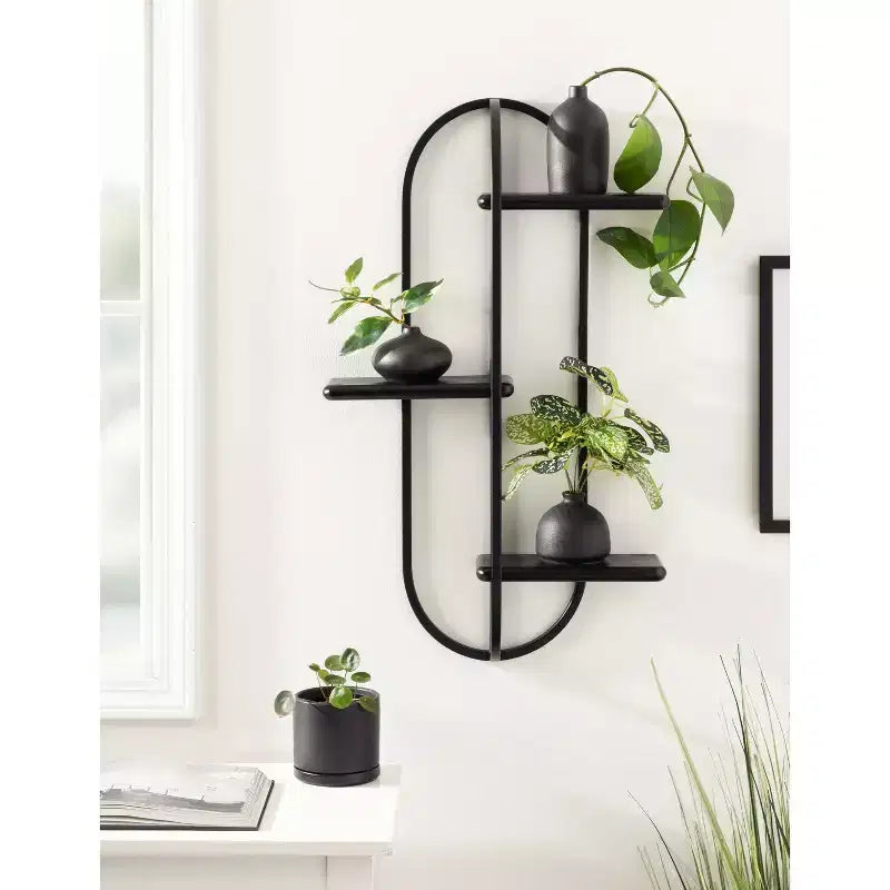 Black and White Decorative Shelf: Modern-style wall-mounted storage rack, three-tier design.