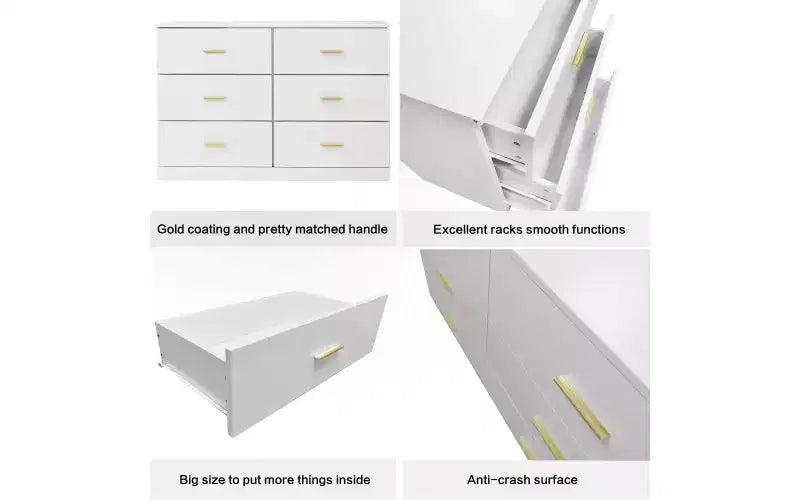 6 Drawer Double Dresser Wood Clothing Organizer Engineered Wood Dresser With Sturdy Legs For Living Room Hallway Nursery Bedroom, White
