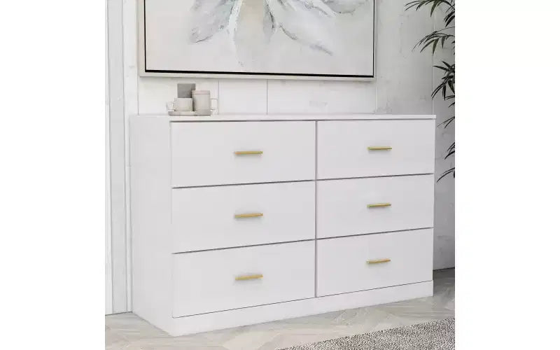 6 Drawer Double Dresser Wood Clothing Organizer Engineered Wood Dresser With Sturdy Legs For Living Room Hallway Nursery Bedroom, White