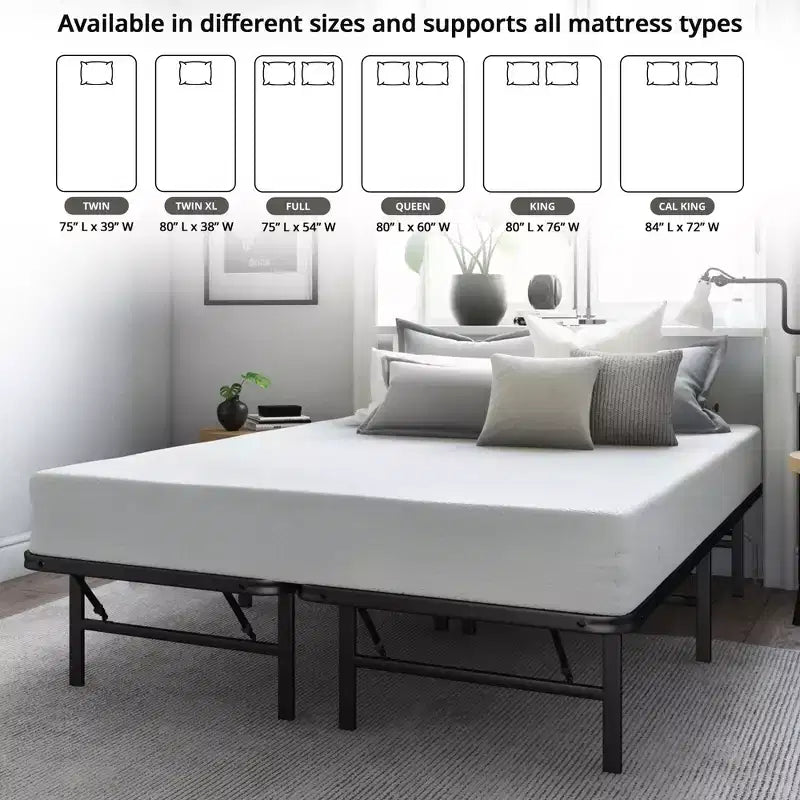 Folding Metal Bed Frame, 14 Inch Platform Mattress Foundation, King