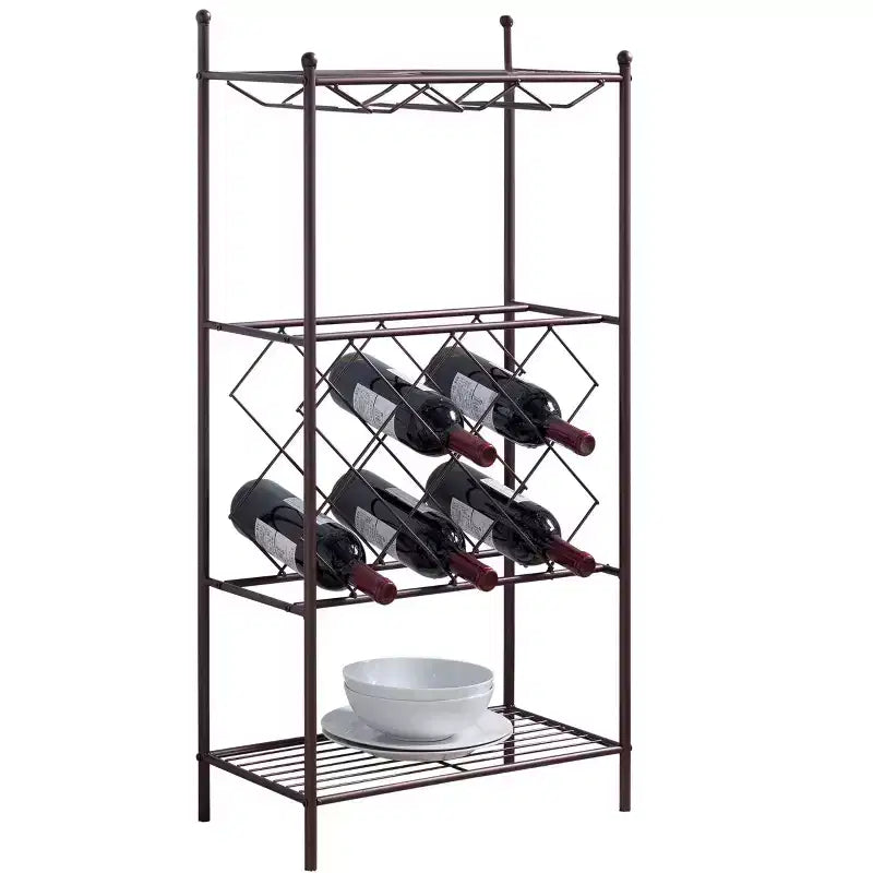 Freestanding Floor Metal Wine Rack Stand, Wine Bottle Liquor Cabinet with Glass Holder & Storage Shelves Bronze