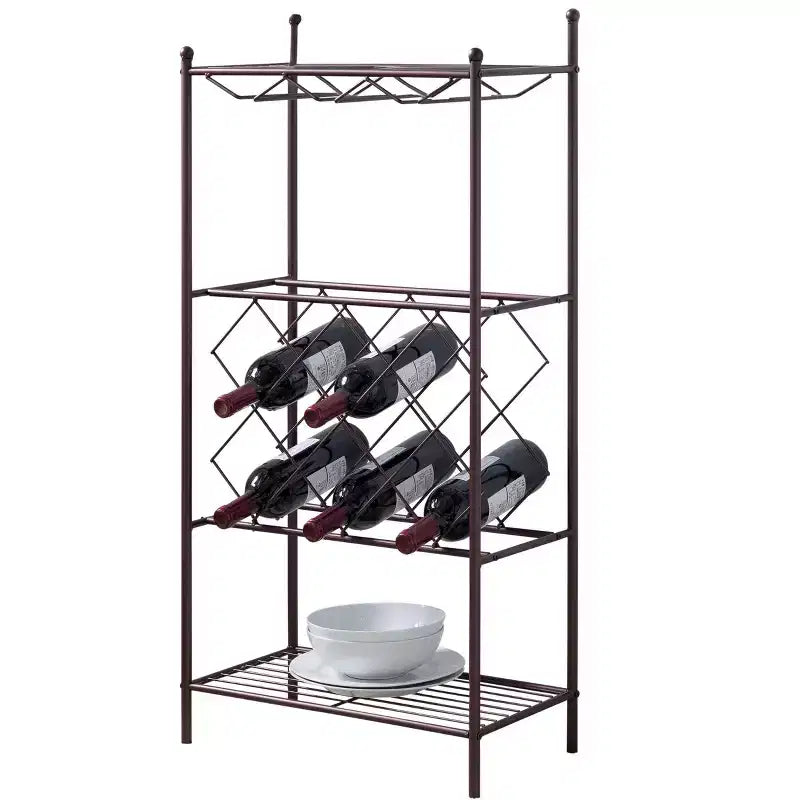 Freestanding Floor Metal Wine Rack Stand, Wine Bottle Liquor Cabinet with Glass Holder & Storage Shelves Bronze