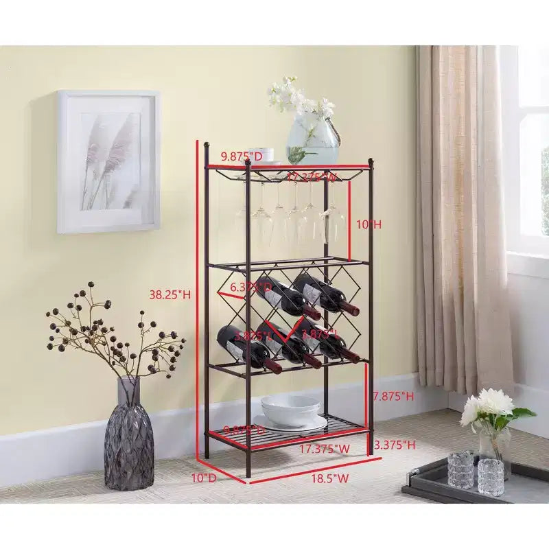Freestanding Floor Metal Wine Rack Stand, Wine Bottle Liquor Cabinet with Glass Holder & Storage Shelves Bronze
