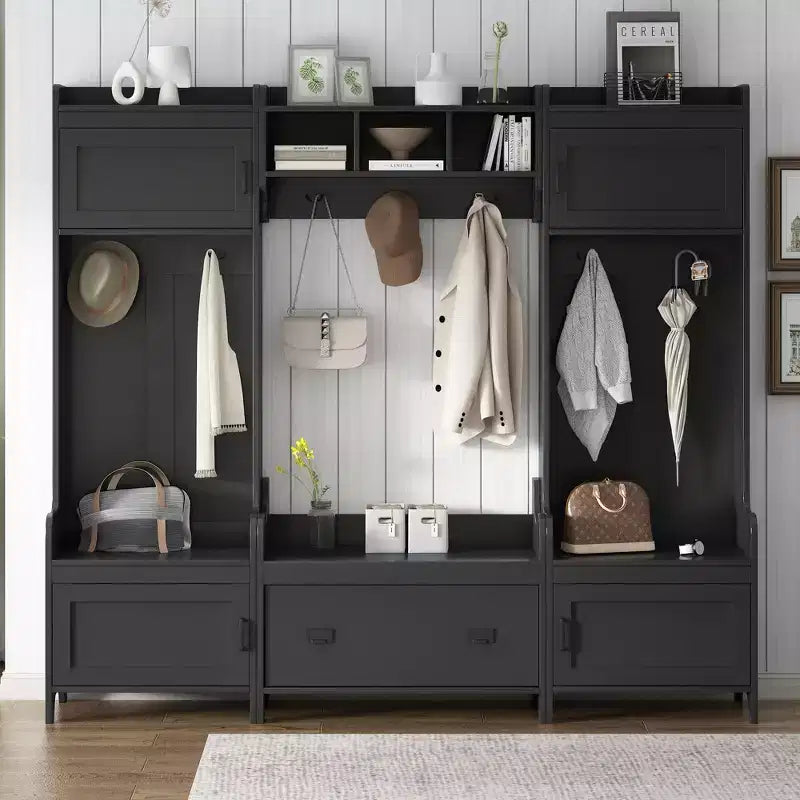 Whisen Modern Multiple Functions Hall Tree with 7-Metal Black Hooks and Ample Storage Drawer