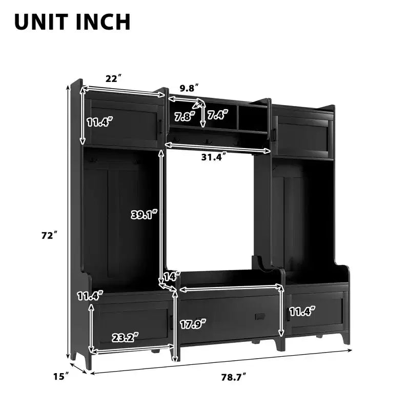 Modern Multiple Functions Hall Tree with 7-Metal Black Hooks and Ample Storage Drawer