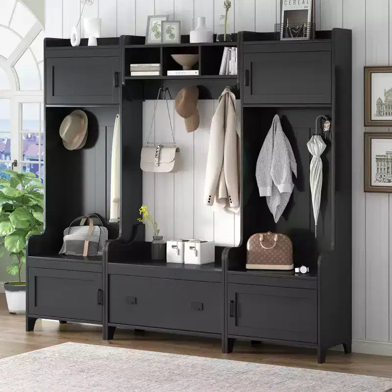 Modern Multiple Functions Hall Tree with 7-Metal Black Hooks and Ample Storage Drawer