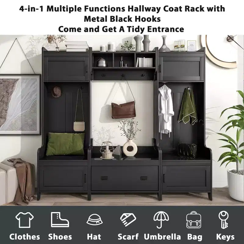 Modern Multiple Functions Hall Tree with 7-Metal Black Hooks and Ample Storage Drawer