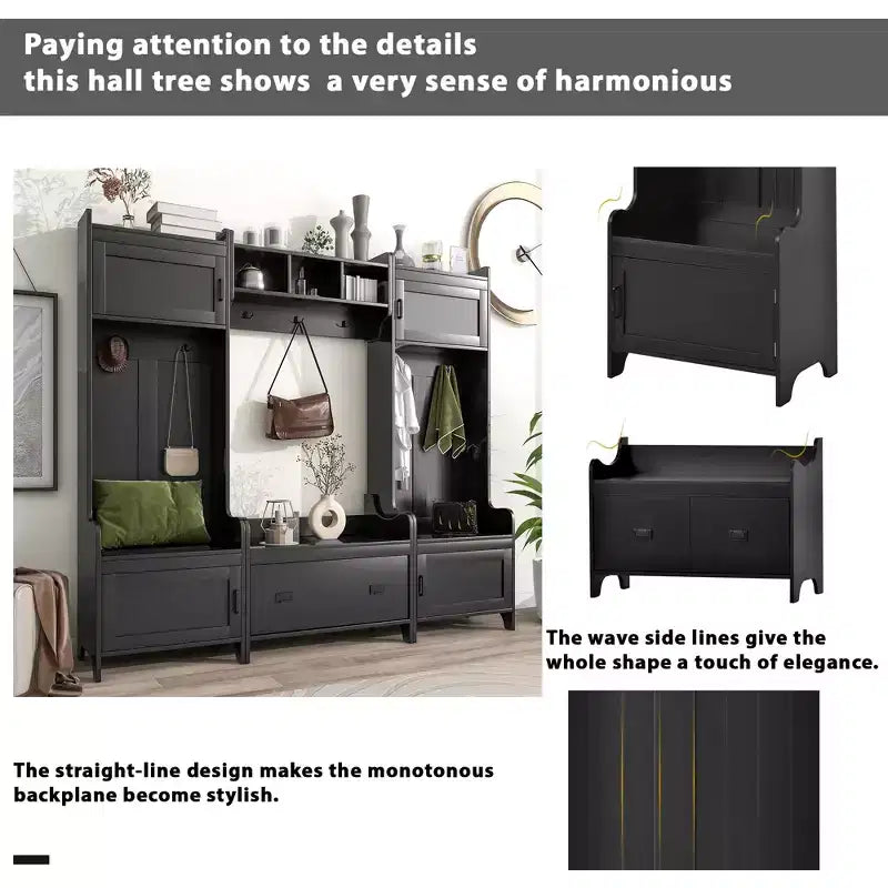 Modern Multiple Functions Hall Tree with 7-Metal Black Hooks and Ample Storage Drawer