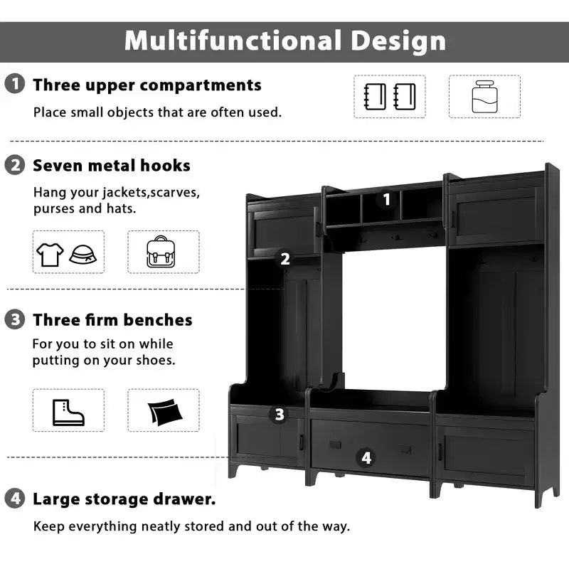 Modern Multiple Functions Hall Tree with 7-Metal Black Hooks and Ample Storage Drawer