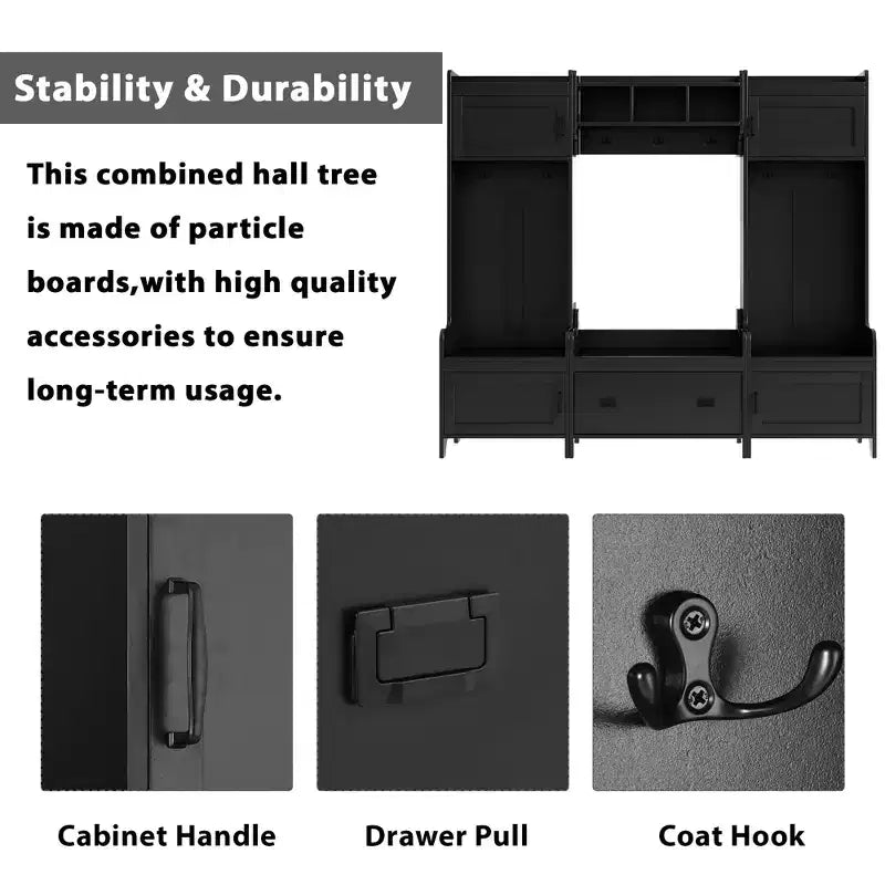 Modern Multiple Functions Hall Tree with 7-Metal Black Hooks and Ample Storage Drawer
