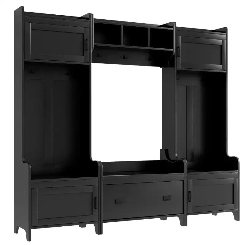 Modern Multiple Functions Hall Tree with 7-Metal Black Hooks and Ample Storage Drawer