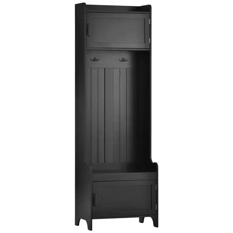 Modern Multiple Functions Hall Tree with 7-Metal Black Hooks and Ample Storage Drawer
