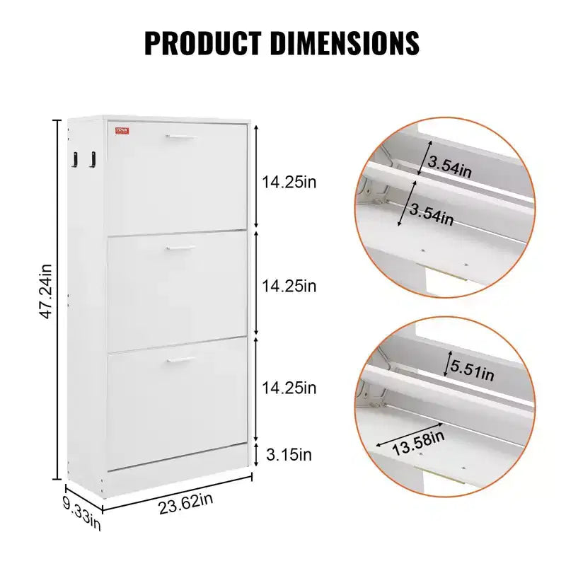 51H 3-Flip Drawer Shoe Cabinet,Freestanding Entryway Organizer with Side Hooks for Heels/Boots, White for Hallway/Living Room/Closet