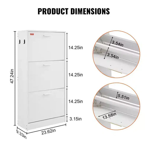 51H 3-Flip Drawer Shoe Cabinet,Freestanding Entryway Organizer with Side Hooks for Heels/Boots, White for Hallway/Living Room/Closet