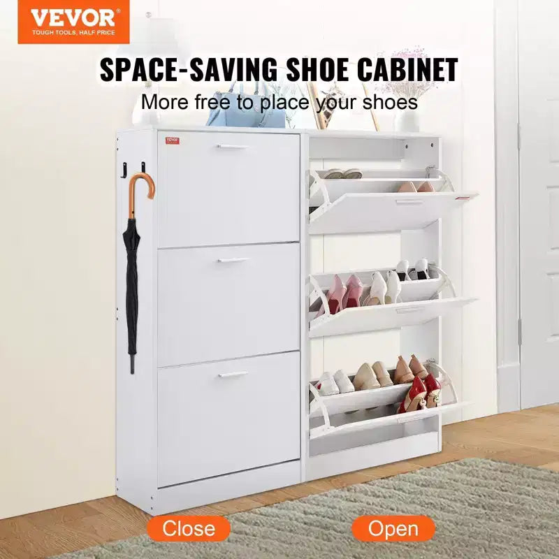 51H 3-Flip Drawer Shoe Cabinet,Freestanding Entryway Organizer with Side Hooks for Heels/Boots, White for Hallway/Living Room/Closet