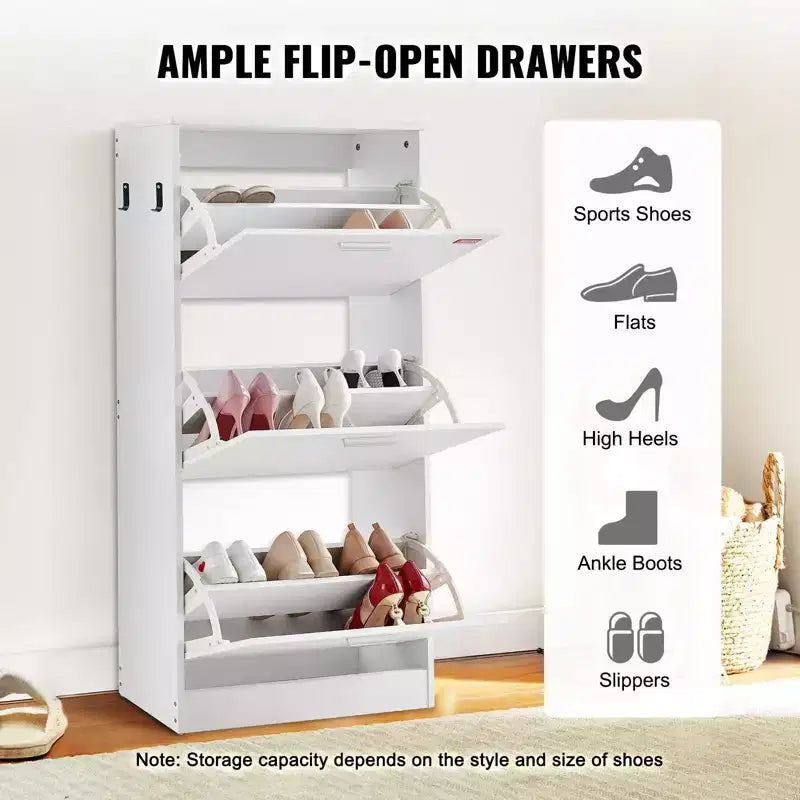 51H 3-Flip Drawer Shoe Cabinet,Freestanding Entryway Organizer with Side Hooks for Heels/Boots, White for Hallway/Living Room/Closet