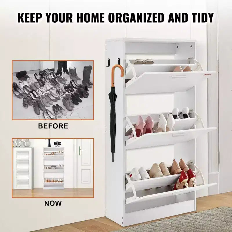 51H 3-Flip Drawer Shoe Cabinet,Freestanding Entryway Organizer with Side Hooks for Heels/Boots, White for Hallway/Living Room/Closet