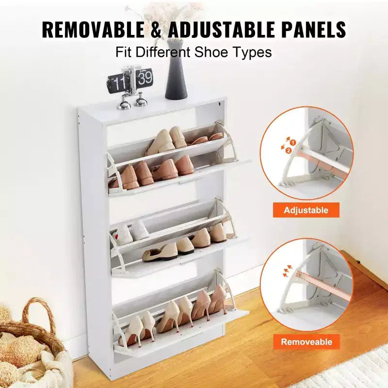 51H 3-Flip Drawer Shoe Cabinet,Freestanding Entryway Organizer with Side Hooks for Heels/Boots, White for Hallway/Living Room/Closet