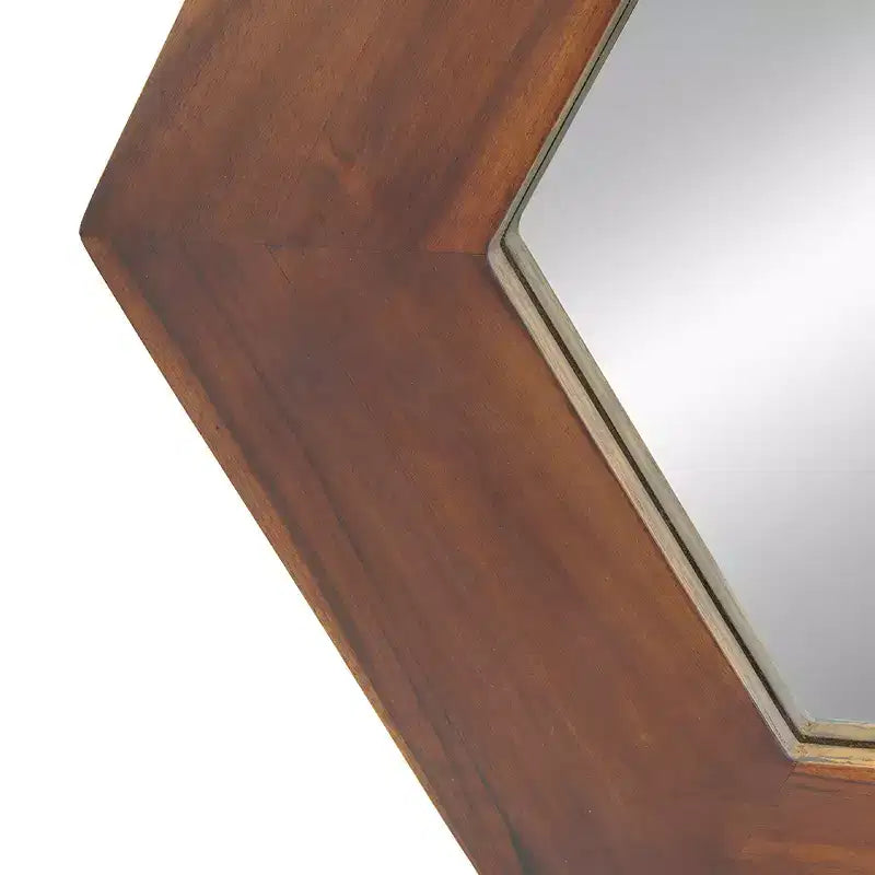 18.5 x 18.5 Inch Hexagon Wall Mirror with Solid Wood Frame Dark Brown