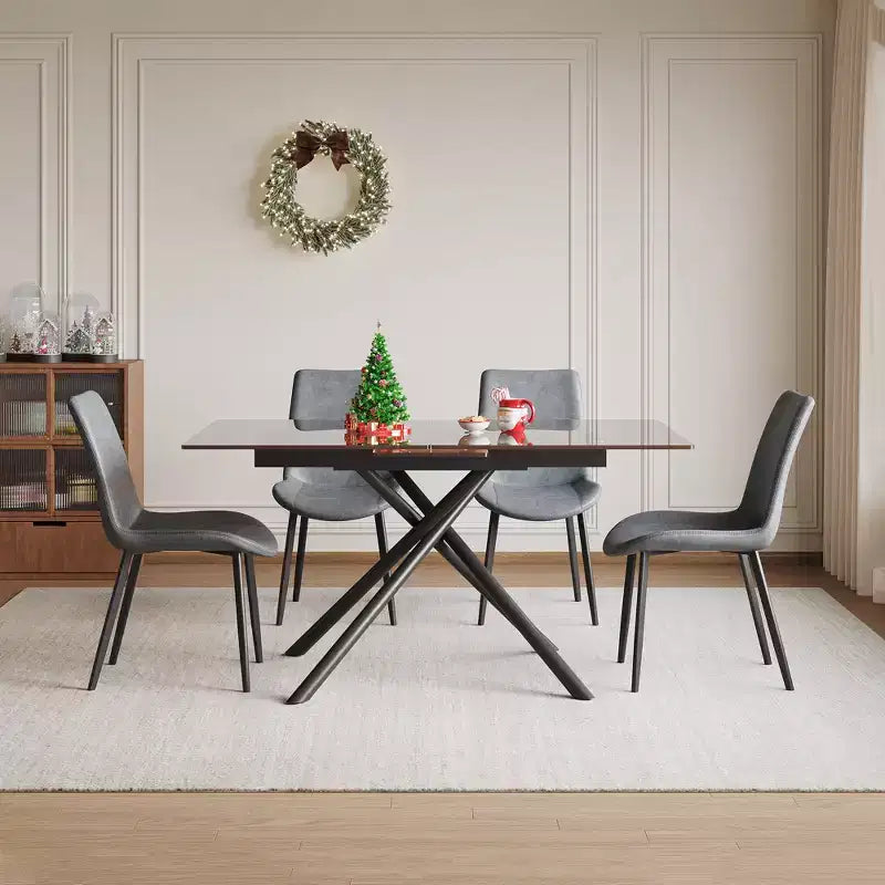 Contemporary 5 Piece Expandable Glass Dining Table Set with Faux Leather Upholstered Chairs