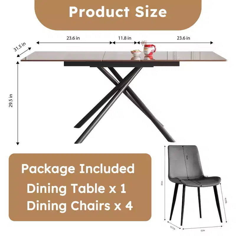 Contemporary 5 Piece Expandable Glass Dining Table Set with Faux Leather Upholstered Chairs