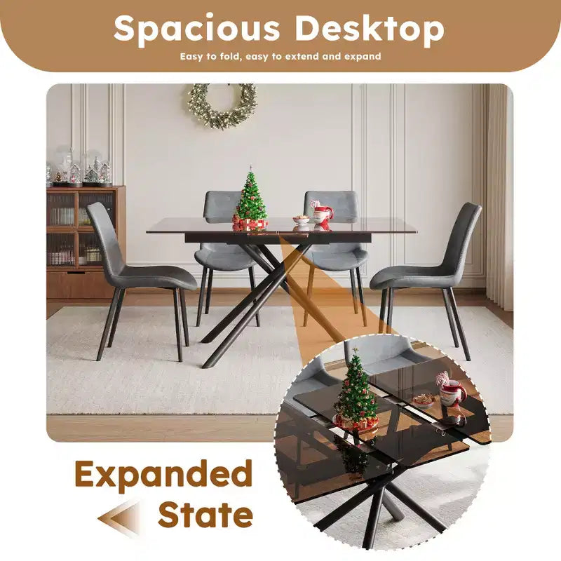 Contemporary 5 Piece Expandable Glass Dining Table Set with Faux Leather Upholstered Chairs
