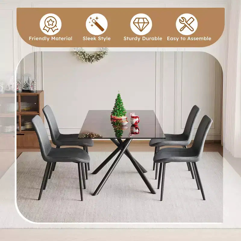 Contemporary 5 Piece Expandable Glass Dining Table Set with Faux Leather Upholstered Chairs