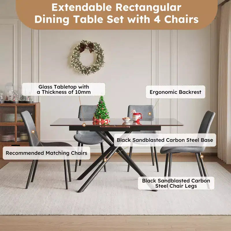 Contemporary 5 Piece Expandable Glass Dining Table Set with Faux Leather Upholstered Chairs