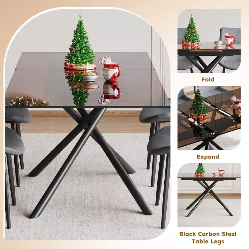 Contemporary 5 Piece Expandable Glass Dining Table Set with Faux Leather Upholstered Chairs