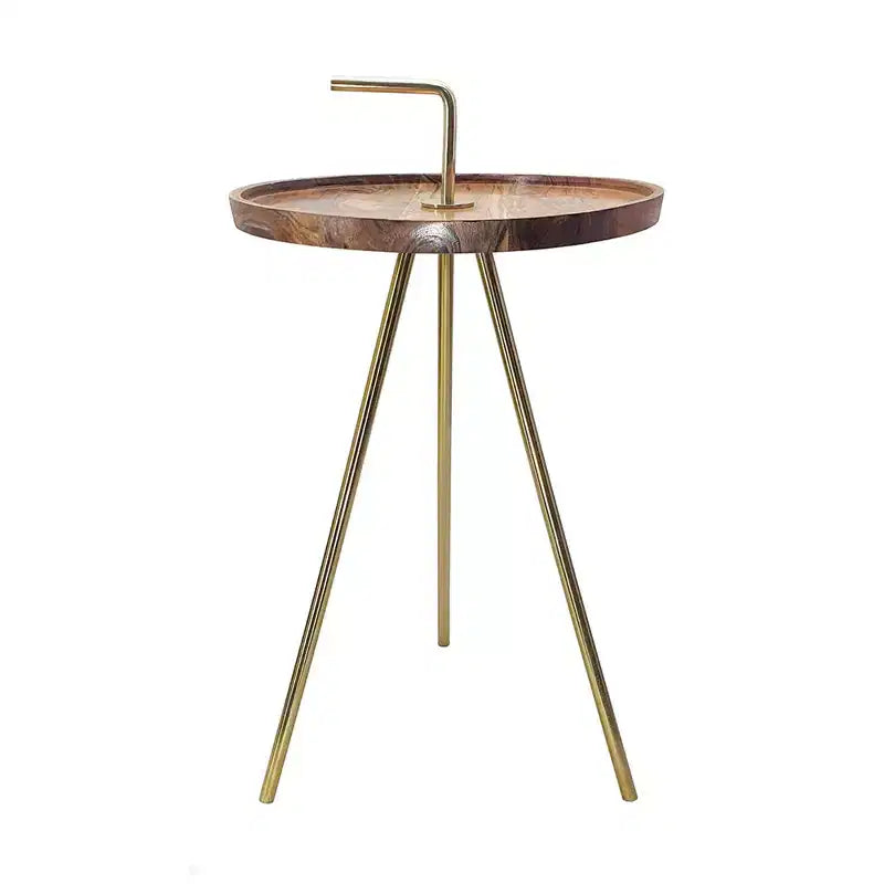 Wood Side Table with Tripod Steel Legs Brown Gold 16x23.5