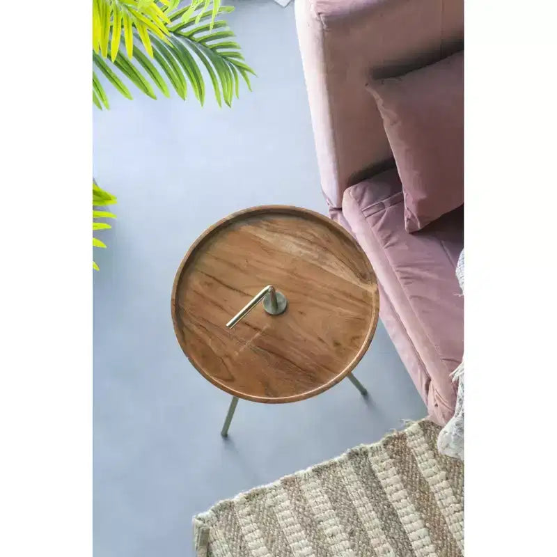 Wood Side Table with Tripod Steel Legs Brown Gold 16x23.5