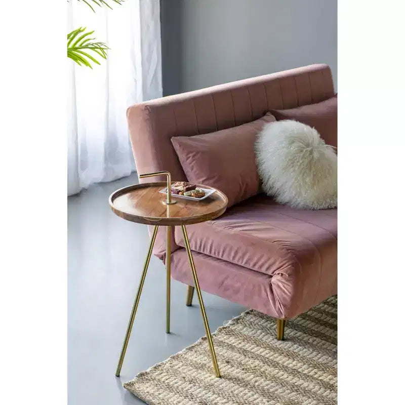 Wood Side Table with Tripod Steel Legs Brown Gold 16x23.5