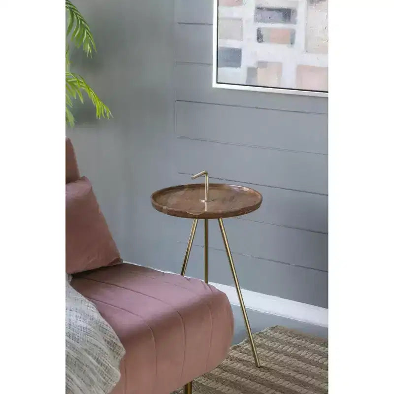 Wood Side Table with Tripod Steel Legs Brown Gold 16x23.5