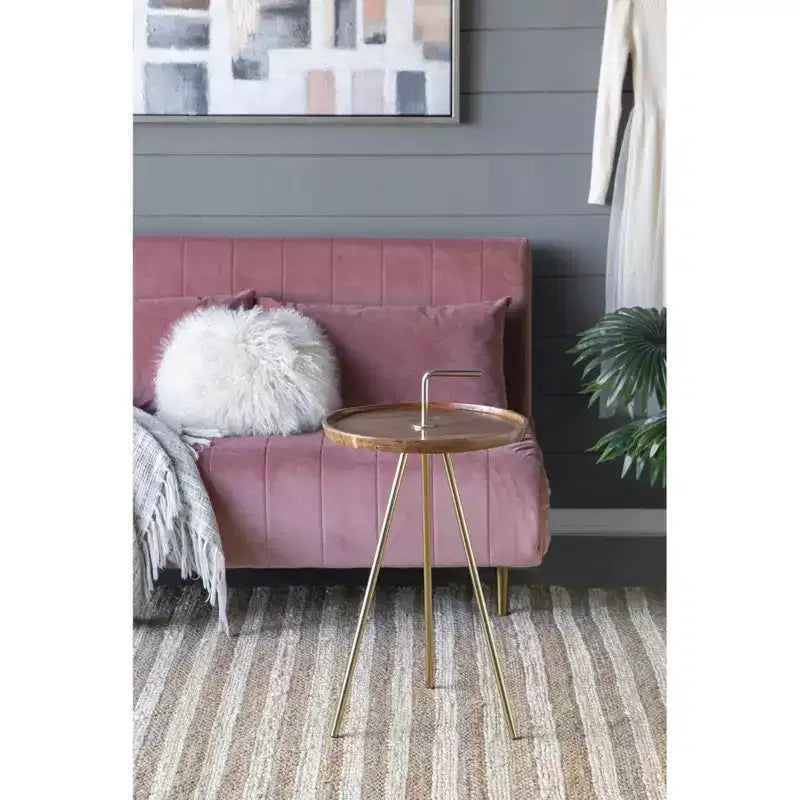 Wood Side Table with Tripod Steel Legs Brown Gold 16x23.5