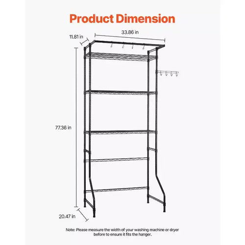 3-Tier Over Washer Dryer Storage Shelf,Adjustable with Hanger Rod & Hooks,Black Laundry Space Saver