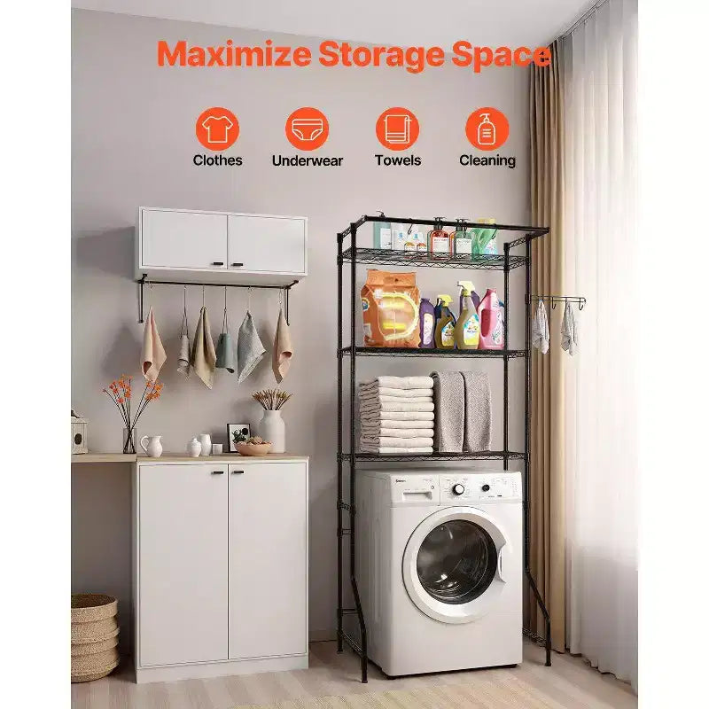 3-Tier Over Washer Dryer Storage Shelf,Adjustable with Hanger Rod & Hooks,Black Laundry Space Saver