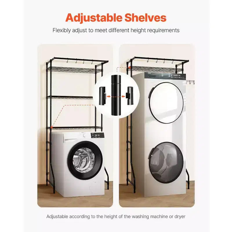3-Tier Over Washer Dryer Storage Shelf,Adjustable with Hanger Rod & Hooks,Black Laundry Space Saver