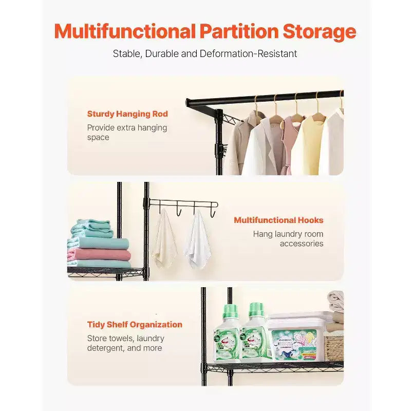 3-Tier Over Washer Dryer Storage Shelf,Adjustable with Hanger Rod & Hooks,Black Laundry Space Saver