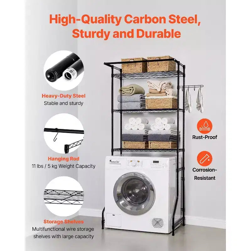 3-Tier Over Washer Dryer Storage Shelf,Adjustable with Hanger Rod & Hooks,Black Laundry Space Saver