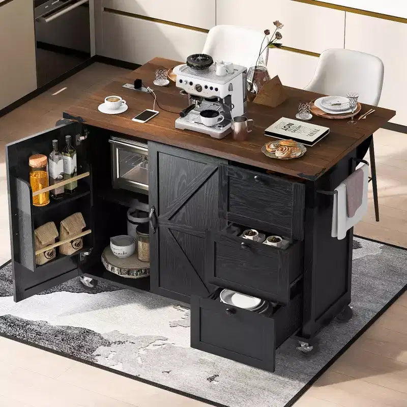 Kitchen Island, 54.5 Rolling Trolley Cart, Storage Island with Drop Leaf Worktop, Spice Rack, 3 Drawer and 2 Doors, Rolling Cart on Wheels