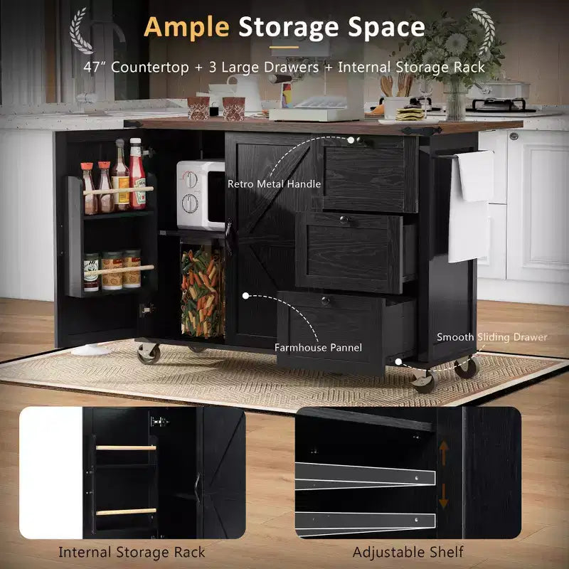 Kitchen Island, 54.5 Rolling Trolley Cart, Storage Island with Drop Leaf Worktop, Spice Rack, 3 Drawer and 2 Doors, Rolling Cart on Wheels