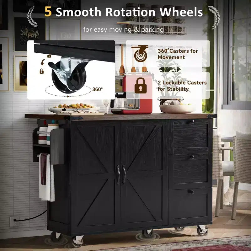 Kitchen Island, 54.5 Rolling Trolley Cart, Storage Island with Drop Leaf Worktop, Spice Rack, 3 Drawer and 2 Doors, Rolling Cart on Wheels
