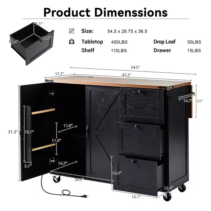Kitchen Island, 54.5 Rolling Trolley Cart, Storage Island with Drop Leaf Worktop, Spice Rack, 3 Drawer and 2 Doors, Rolling Cart on Wheels