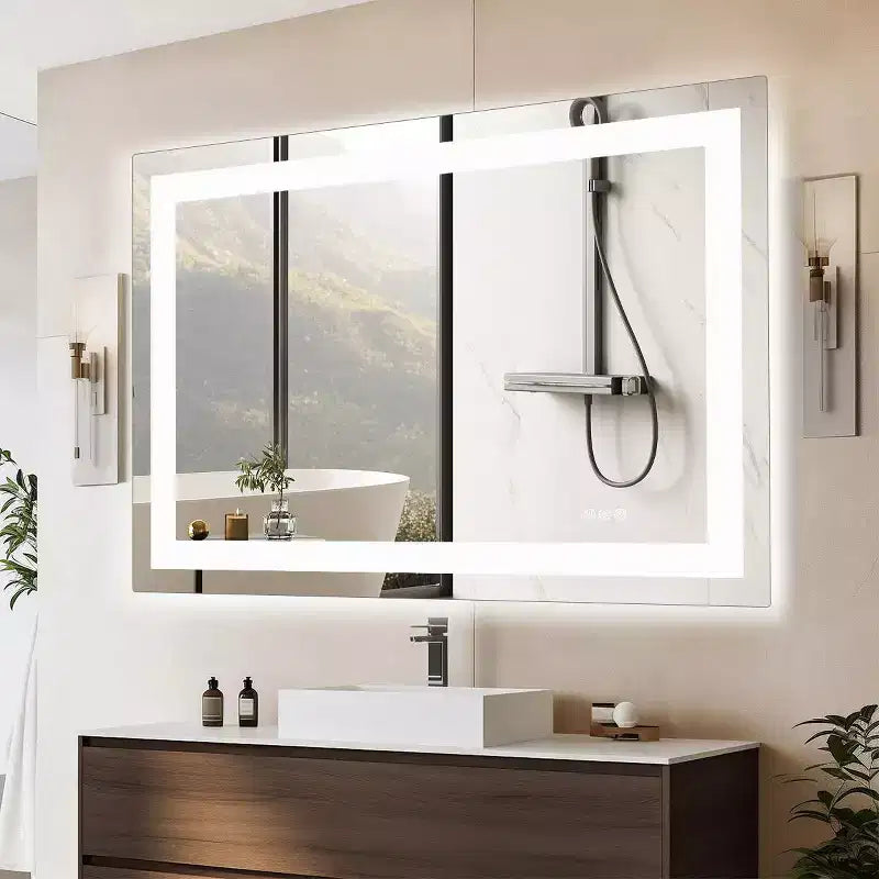 Modern Anti-fog Glass Bathroom Mirror with Dual Light Source & Three Dimmable Modes,Wall Mirror Vanity Mirror for Bathroom