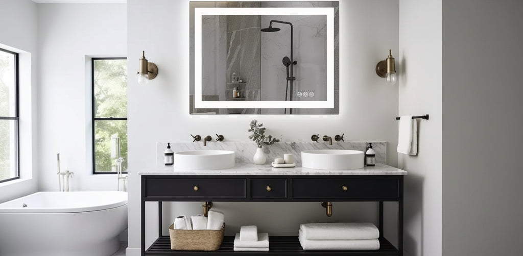 Modern Anti-fog Glass Bathroom Mirror with Dual Light Source & Three Dimmable Modes,Wall Mirror Vanity Mirror for Bathroom