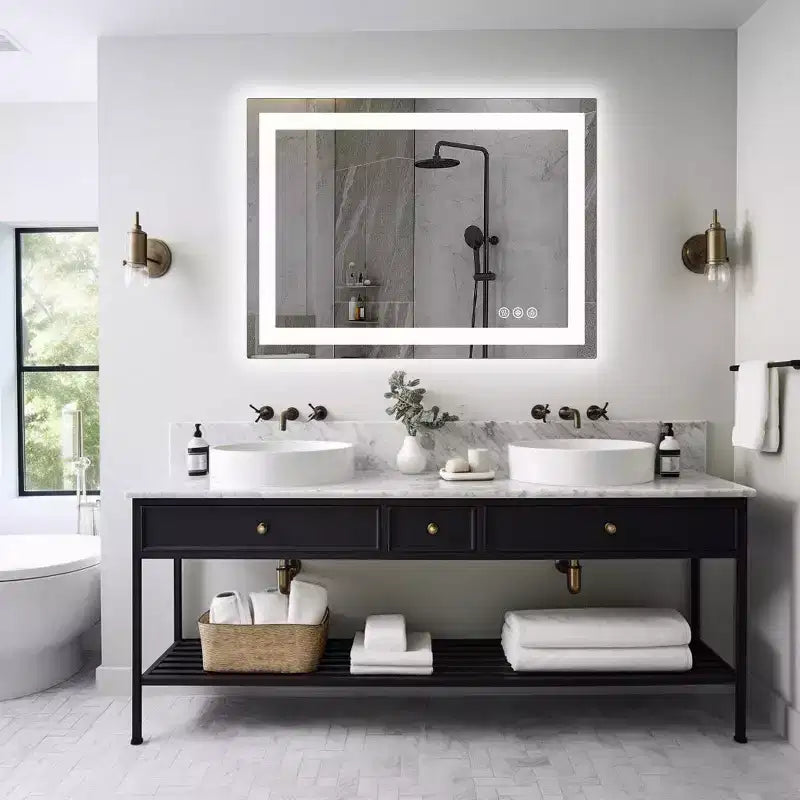 Modern Anti-fog Glass Bathroom Mirror with Dual Light Source & Three Dimmable Modes,Wall Mirror Vanity Mirror for Bathroom